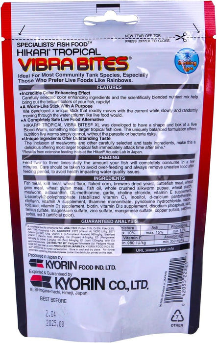 Hikari Tropical Vibra Bites XL 125 g – Mangime Sticks Effetto Larva per Pesci Arcobaleno e Grandi Ciclidi