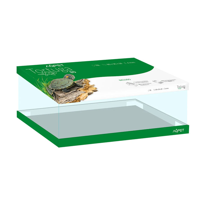 AqPet Tortuga 80 – Tartarughiera in Vetro con Doppio Isolotto, Rampe e Coperchio (80x35x28 cm, 78 L)