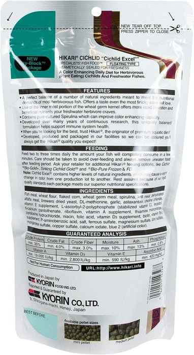 Hikari Cichlid Excel Mini 250 g – Mangime Vegetale Galleggiante con Spirulina per Ciclidi Erbivori