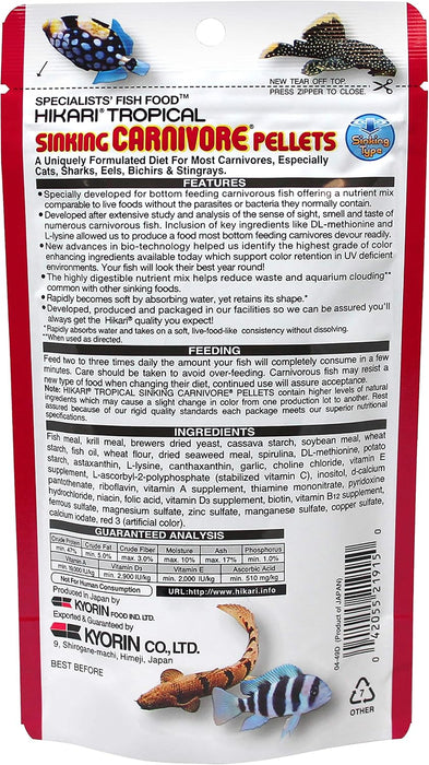 Hikari Tropical Sinking Carnivore 74 g – Mangime Affondante per Predatori da Fondo